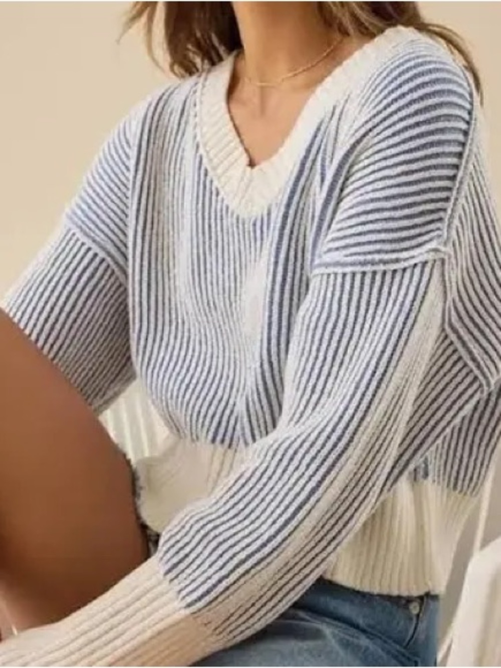 Altar'd State Blue & Cream Striped V-Neck Sweater